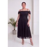 thezkscom Kadın Büyük Beden Simli Düşük Omuz Ön Drapeli Midi Kloş Abiye Elbise Lacivert, Mor, Siyah, Bordo, Lila, Beyaz