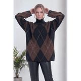 thezkscom Kadın Kazak Baklava Desenli Oversize Balıkçı Yaka Yumuşak Triko Siyah - 0 - Siyah
