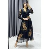 thezkscom Kadın Kruvaze Yaka Desenli Midi Şifon Elbise Batik, Lacivert Çiçek, Leopar, Sarı Çiçek - XL - Ekru-Sarı Çiçekli