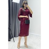 Thezkscom-Kadın Midi Boy Pul Payet Şifon Tasarım Yarım Kol Büyük Beden Abiye - Bordo - 3XL