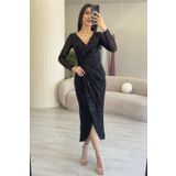 thezkscom Kadın Siyah Payet Tasarım Kruvaze Yaka Uzun Kollu Yeni Sezon Büyük Beden Abiye Elbise