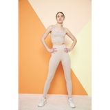 THIFF GYMWEAR Bej Yüksek Bel Fitilli Toparlayıcı Interlok Örme Spor Dar Paça Kadın Tayt