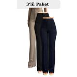 THIFF GYMWEAR Kadın Palazzo Pantolon 3’lü Set – Siyah Bej Lacivert, Krep Likralı, Yüksek Bel Jogger Kesim