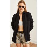 THIFF GYMWEAR Kadın Siyah Oversize Basic Cepli Müslin Gömlek