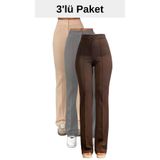 THIFF GYMWEAR Krep Kumaş Likralı Kadın Palazzo Pantolon 3'lü Set Bej-Gri-Kahverengi 38