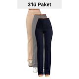 THIFF GYMWEAR Krep Kumaş Likralı Kadın Palazzo Pantolon 3'lü Set Bej-Gri-Lacivert 36