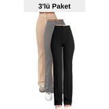 THIFF GYMWEAR Krep Kumaş Likralı Kadın Palazzo Pantolon 3'lü Set Bej-Gri-Siyah 36