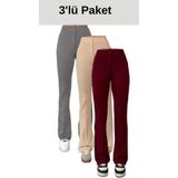 THIFF GYMWEAR Krep Kumaş Likralı Kadın Palazzo Pantolon 3'lü Set Gri-Bej-Bordo 38