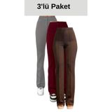 THIFF GYMWEAR Krep Kumaş Likralı Kadın Palazzo Pantolon 3'lü Set Gri-Bordo-Kahverengi 42