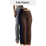 THIFF GYMWEAR Krep Kumaş Likralı Kadın Palazzo Pantolon 3'lü Set Gri-Lacivert-Kahverengi 40