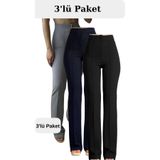 THIFF GYMWEAR Krep Kumaş Likralı Kadın Palazzo Pantolon 3'lü Set Gri-Lacivert-Siyah 42
