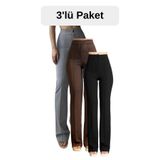 THIFF GYMWEAR Krep Kumaş Likralı Kadın Palazzo Pantolon 3'lü Set Siyah-Gri-Kahverengi 42