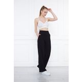 THIFF GYMWEAR Siyah Beli Lastikli Bol Paça Çift Cepli Yüksek Bel Bürümcük Örme Kadın Pantolon