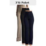 Thiff Kadın Palazzo Pantolon 3’lü Set – Siyah Bej Lacivert, Krep Likralı, Yüksek Bel Jogger Kesim - Bej - Siyah - Lacivert - 38