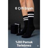 Thinborne 6 Çift Beyaz Siyah Çizgili Desenli Tenis Çorap Sporcu Çorabı Uzun Erkek Kadın Spor Çorap Siyah - 1 Beden