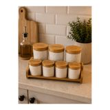 THIRTEEN SELECT Porselen 8 Parça Baharat Takımı, Bambu Kapaklı Geometrik Dokulu Porselen Kavanoz Seti, Bambu Standlı