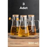 Thn 3 Lü Bambu Kapaklı Cam Yağlık Sirkelik Zeytin Yağlık 900 Ml. Cam Sürahi