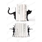 thorqtech Dekoratif Metal Kitap Tutucu 2'li Set Balerin Kara Kedi Figürlü Kitap Desteği