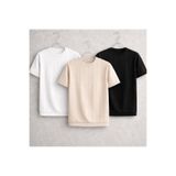 threeoff Erkek Dikey Çizgili Triko Tişört 3’lü Set – Yazlık İnce Örme Basic Bisiklet Yaka T-Shirt