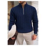 threeoff Erkek Saç Örgü Triko Kazak Dik Yaka Yarım Fermuarlı Slim Fit