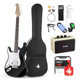 Thunder Solak Elektro Gitar Seti Acemi Tam Boy Siyah 39 Inç Lefty Starter Paketi Tüm Aksesuarları Amplifikatör Capo Askı Dize Tuner Kablosu ve Seçtikleri DST-100BL