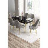 Tia Serisi 80x132 Mdf Açılabilir Siyah Mermer Desen Gold Detay Masa Takımı Ve 6 Gri Sandalye