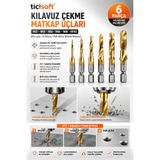 Ticisoft 6 Parça Kılavuz Çekme Matkap Ucu Seti M3-M10 HSS Titanyum Kaplama 1/4 Bits Uçlu Delme ve Diş Açma Seti