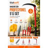 Ticisoft Profesyonel Bahçe ve Tarla Seti Katlanır Orak Budama Makası Gül Makası Tırpan Taşı Eldivenli 5'li Set