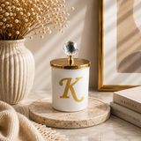 Tiem Concept Kişiye Özel Harfli Kokulu Bardak Mum - Kristal Tepelikli Özel Tasarım Beyaz Cam Mum, Ev ve Oda Kokusu, Hediyelik Dekoratif Mum 150g (Gold, Okyanus, K)