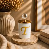 Tiem Concept Kişiye Özel Harfli Kokulu Bardak Mum - Kristal Tepelikli Özel Tasarım Beyaz Cam Mum, Ev ve Oda Kokusu, Hediyelik Dekoratif Mum 150g (Gold, Okyanus, T)