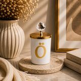 Tiem Concept Kişiye Özel Harfli Kokulu Bardak Mum - Kristal Tepelikli Özel Tasarım Beyaz Cam Mum, Ev ve Oda Kokusu, Hediyelik Dekoratif Mum 150g (Gold, Sandal Ağacı, O)