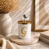 Tiem Concept Kişiye Özel Harfli Kokulu Bardak Mum - Kristal Tepelikli Özel Tasarım Beyaz Cam Mum, Ev ve Oda Kokusu, Hediyelik Dekoratif Mum 150g (Gold, Vanilya, G)