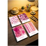 Tieni A5 Spiralli Karton Kapak 4’lü Set, Kareli Okul Defteri, 60 Yaprak, Ders Programlı, Pink Brush,