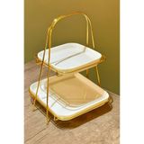 Tiesa Home 2 Katlı Kare Gold Metal Standlı Mika Sunumluk Şekerlik Lokumluk Kurabiyelik