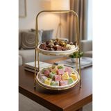 Tiesa Home 2 Katlı Yuvarlak Gold Metal Standlı Seramik Sunumluk Şekerlik Lokumluk Kurabiyelik