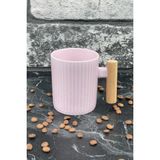 Tiesa Home Ahşap Kulplu Seramik Mug Kupa Bardak 225CC 1 Adet Pembe
