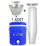 Tiesa Home Plastik 6 Litre Mavi Musluklu Soğuk Su Termosu Buz Tası 100 Adet Pet Su Bardağı Seti