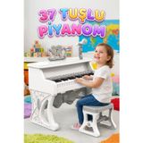 Tıfıl Toys 37 Tuşlu Sesli Müzikli Şarjlı 8 Ritimli Nota ve Mikrofon Standlı Taburelı Oyuncak Elektronik Piyano BEYAZ