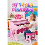 Tıfıl Toys 37 Tuşlu Sesli Müzikli Şarjlı 8 Ritimli Nota ve Mikrofon Standlı Taburelı Oyuncak Elektronik Piyano PEMBE