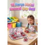 Tıfıl Toys Çiçek Desenli 15 Parça Metal Çay Seti 4 Kişilik Eğitici ve Eğlenceli Evcilik Oyuncak Seti