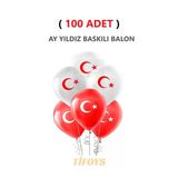 Tifoys ( 100 Adet) Ay Yıldız Baskılı Lateks Balon Kırmızı Beyaz
