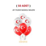 Tifoys ( 50 Adet) Ay Yıldız Baskılı Lateks Balon Kırmızı Beyaz