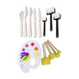 Tifoys Palet Rulo Fırça Ponpon Fırça ve Plastik Spatula 4'lü Set 1 Paket Resim Hobi Sanat Etkinlik Boyama
