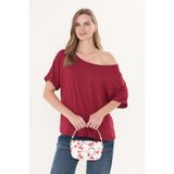 Tight Lady Bordo Doğal Viskon Kadın Kayık Yaka Düşük Omuz Salaş Duble Kol Pamuklu Yumuşak Dokulu Basic Bluz