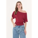 Tight Lady Bordo Ultra Soft, Bele Oturan, Full Esnek, %95 Doğal Viskon, İç Göstermez, Düşük Omuz Yarasa Kol Bluz