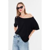 Tight Lady Doğal Viskon Kadın Kayık Yaka Düşük Omuz Salaş Duble Kol Pamuklu Yumuşak Dokulu Siyah Basic Bluz