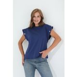 Tight Lady indigo %100 Pamuk Düğmeli Vatka Görünümlü Basic Bisiklet Yaka Örme T-shirt