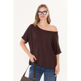 Tight Lady Kahverengi Doğal Viskon Kadın Kayık Yaka Düşük Omuz Salaş Duble Kol Pamuklu Yumuşak Dokulu Basic Bluz