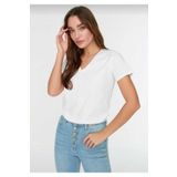 Tight Lady süper kalite Beyaz V yaka kadın tişört düz renk basic organik pamuk örme penye t-shirt