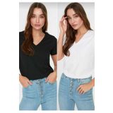 Tight Lady süper kalite siyah ve beyaz 2`li paket V-yaka kadın Basic tişört örme pamuk penye t-shirt